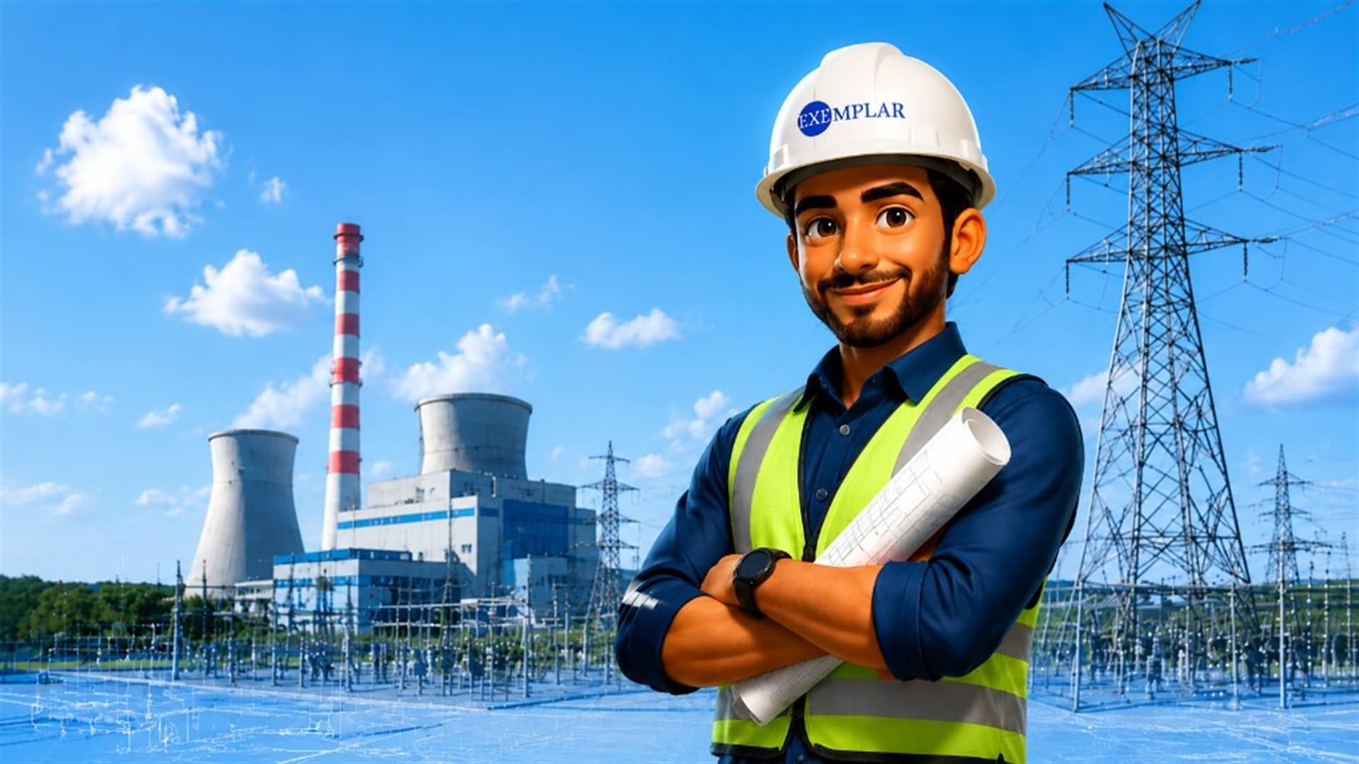 مهندس اكسمبلر بخوذة السلامة والسترة العاكسة ومخططات أمام محطة طاقة ومحطة كهربائية