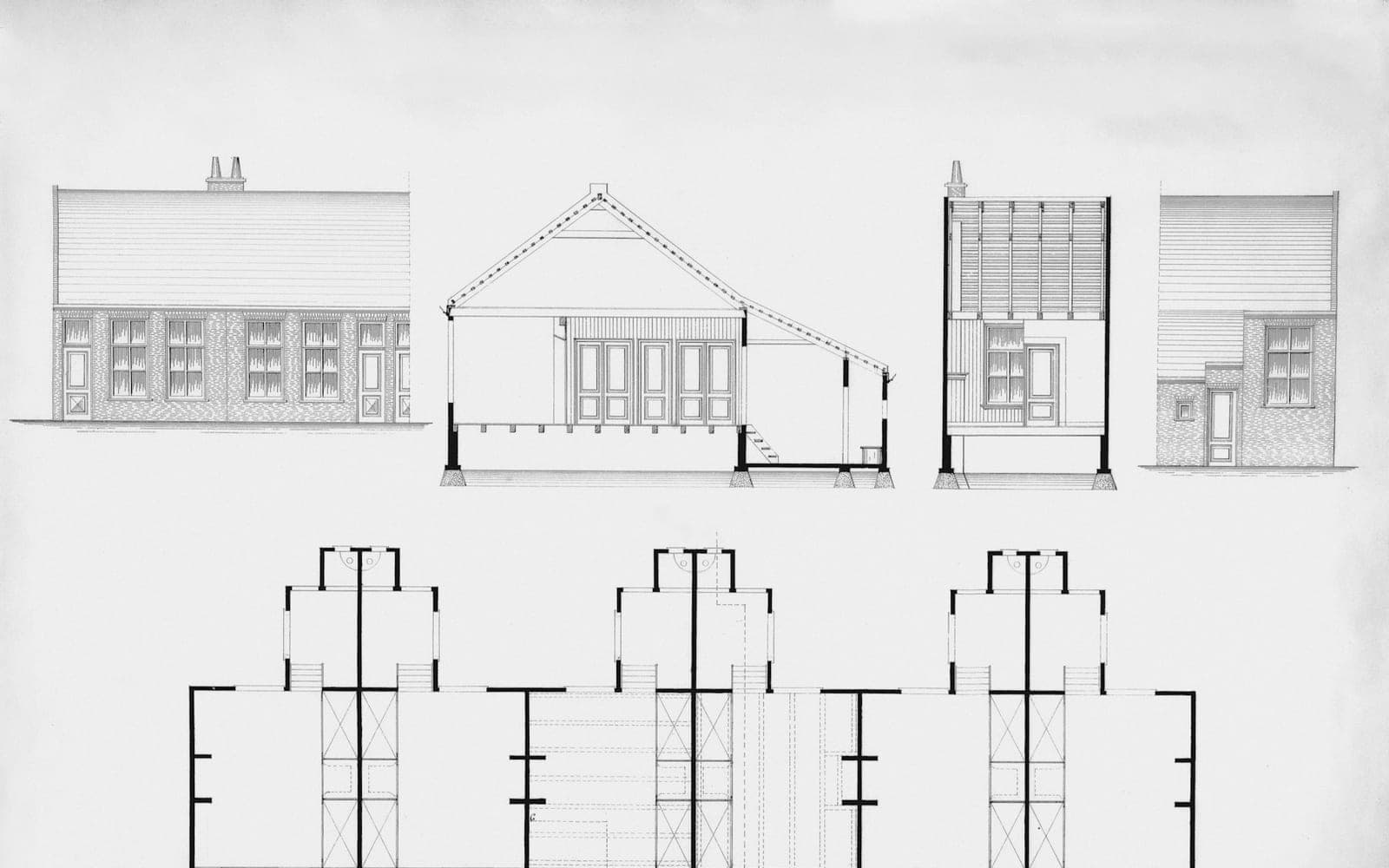 Architectural drawings showing building elevations and a floor plan