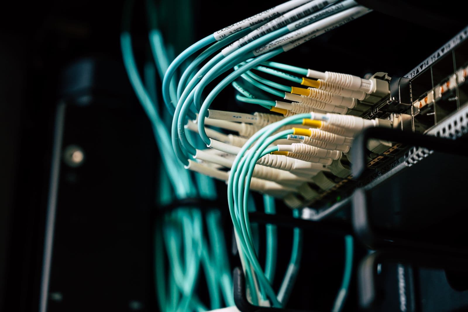 Data center networking rack with switches, servers, and structured cabling
