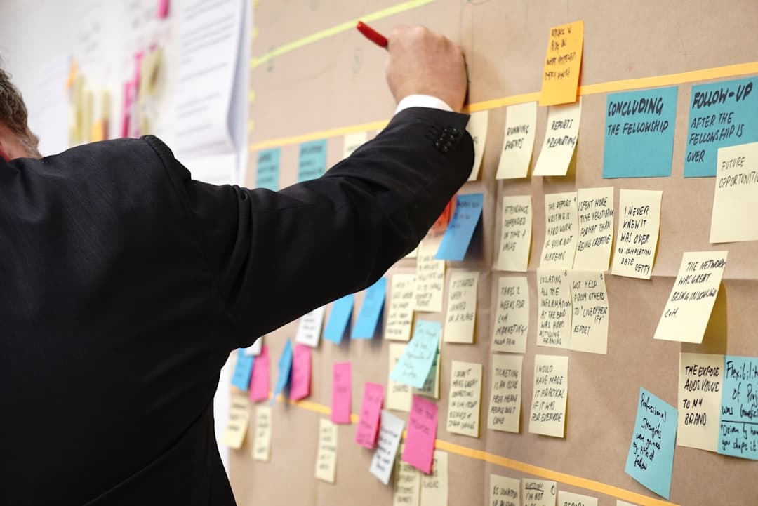 Project planning notes and sticky notes mapped out on a board