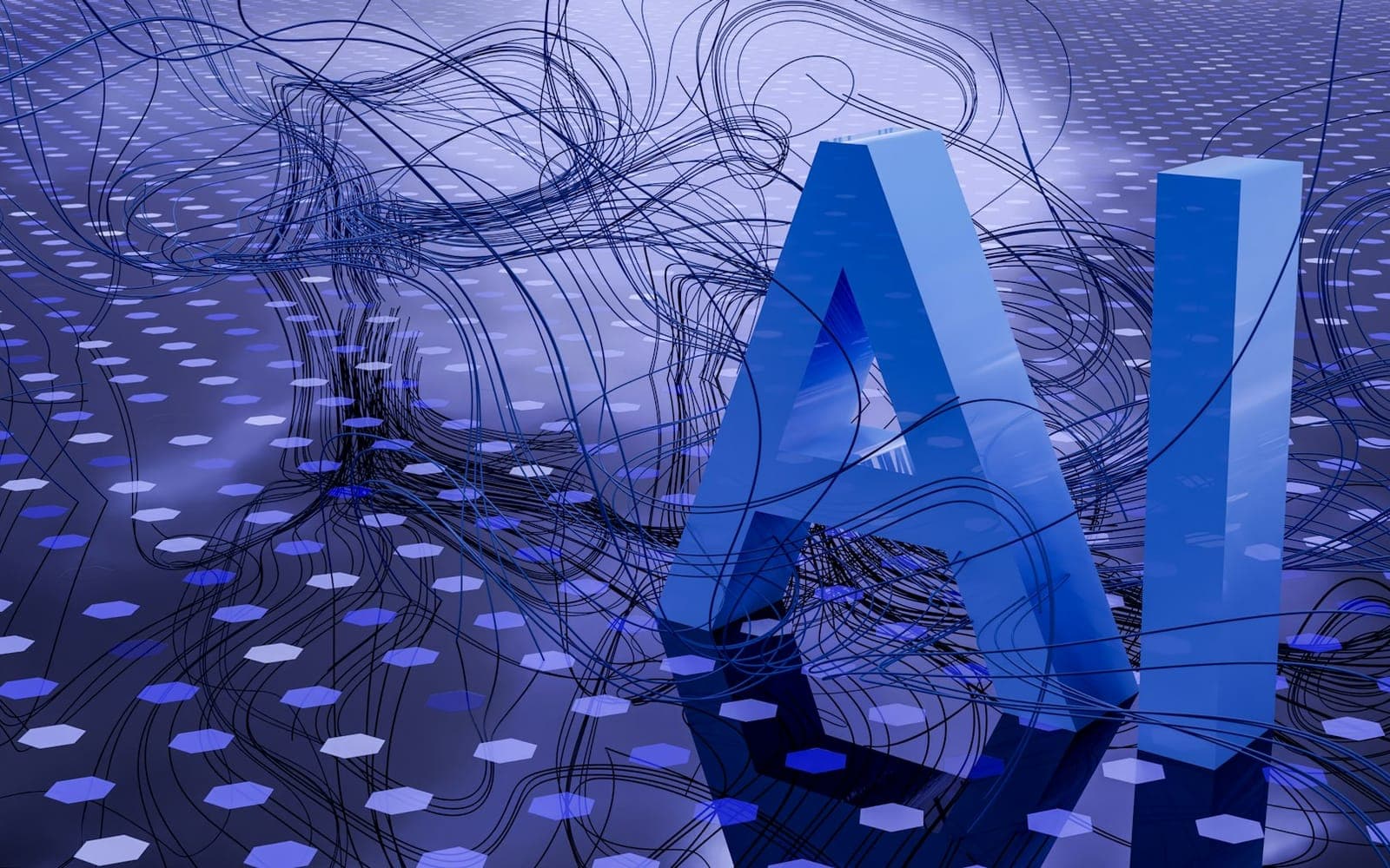 Abstract AI network visualisation over a dark workspace