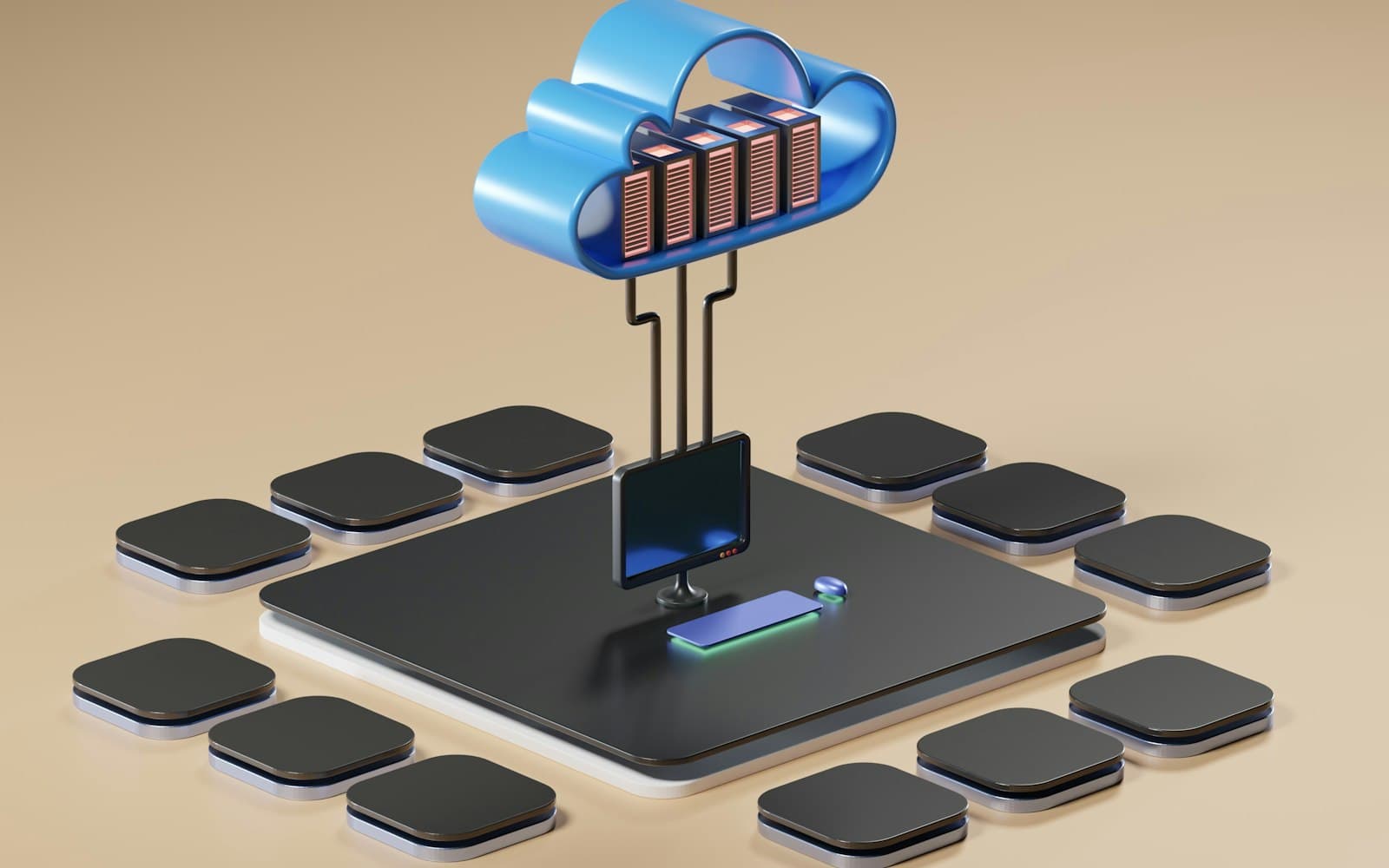 3D illustration of a cloud connected to a computing chip