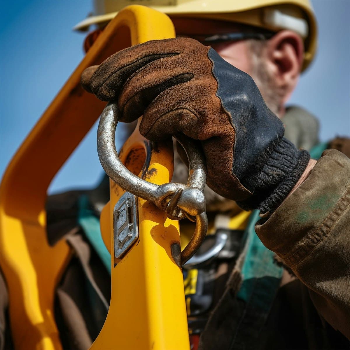 Worker in hard hat and full safety gear with industrial HSE equipment
