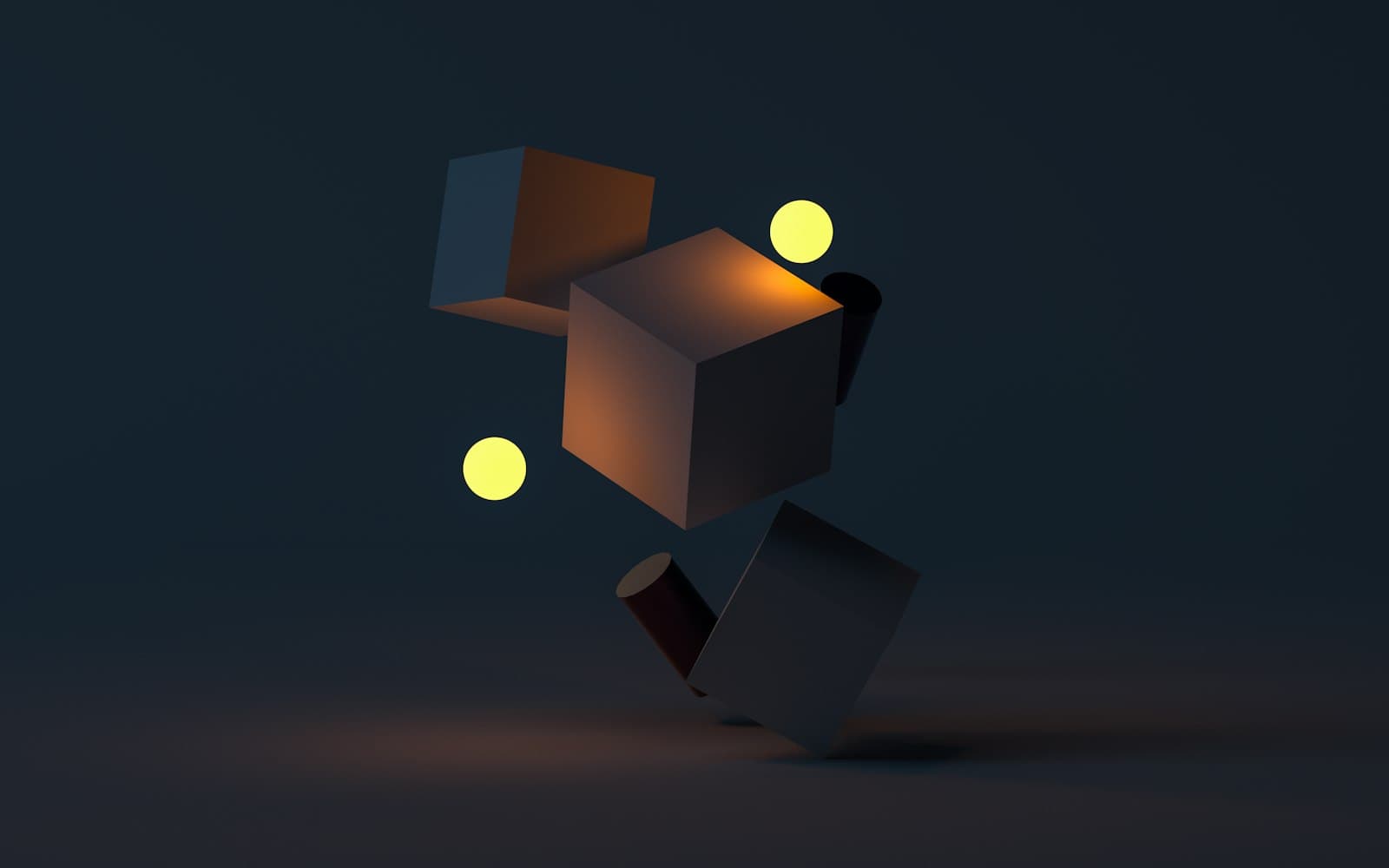 Rendered 3D cube and glowing spheres floating in a dark scene