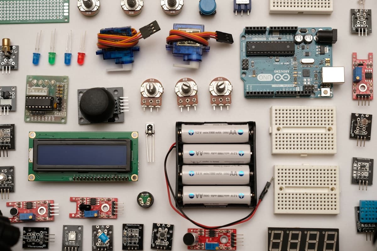 Complex electronics hardware setup with organized wiring arrays