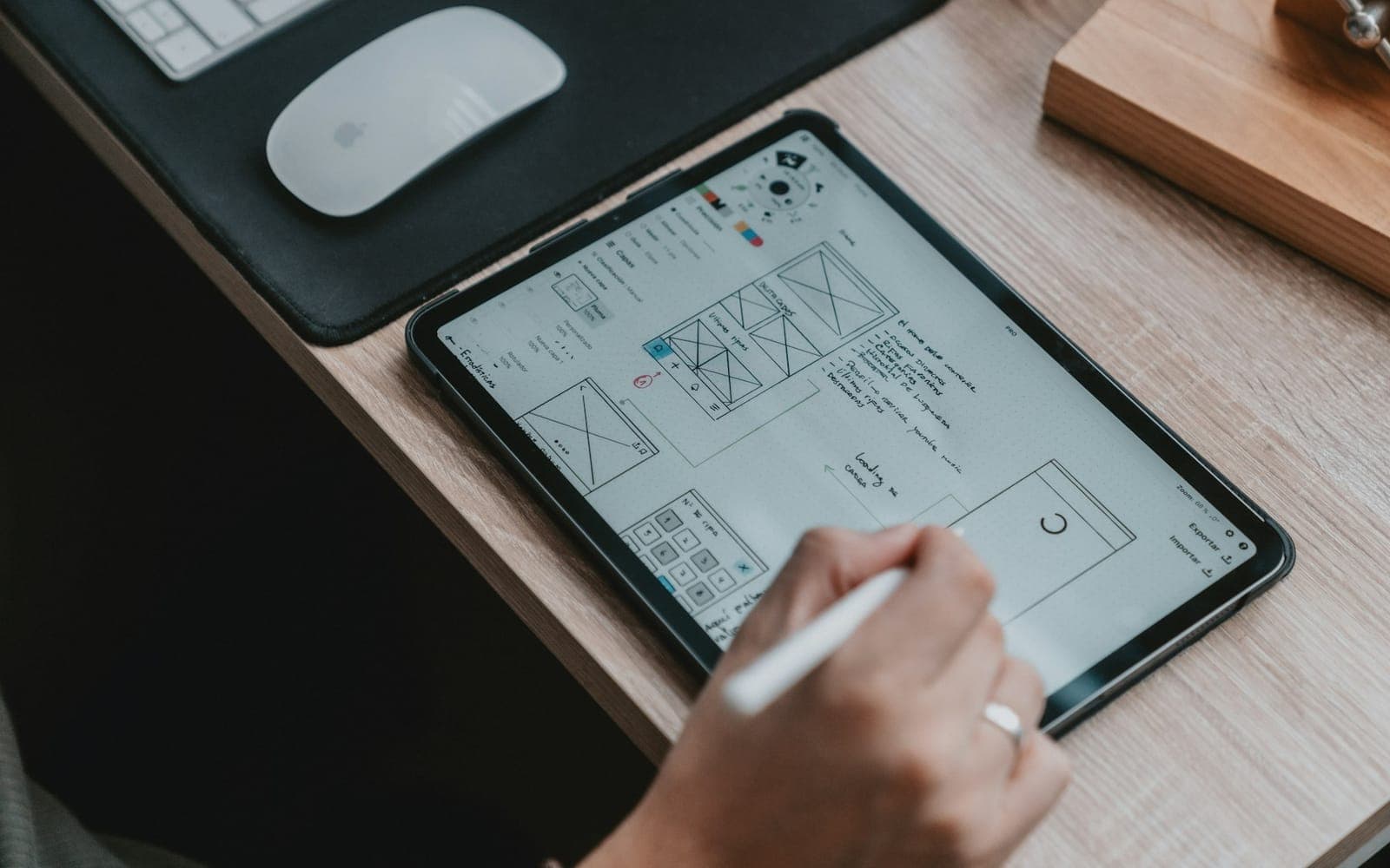 UI wireframes and screen designs on a designer’s desk